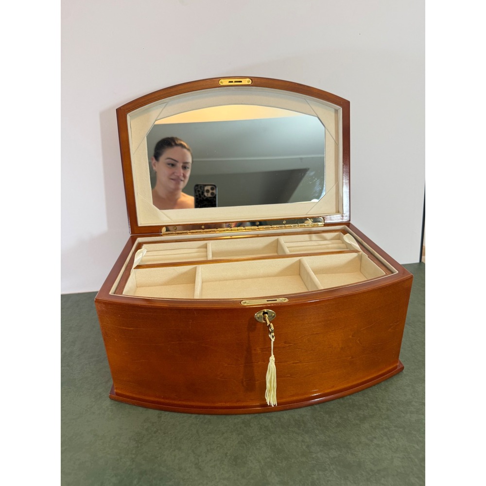 Large Wooden Jewelry Box Chest Locking Bow Front 2 Removable Trays Mirror Key